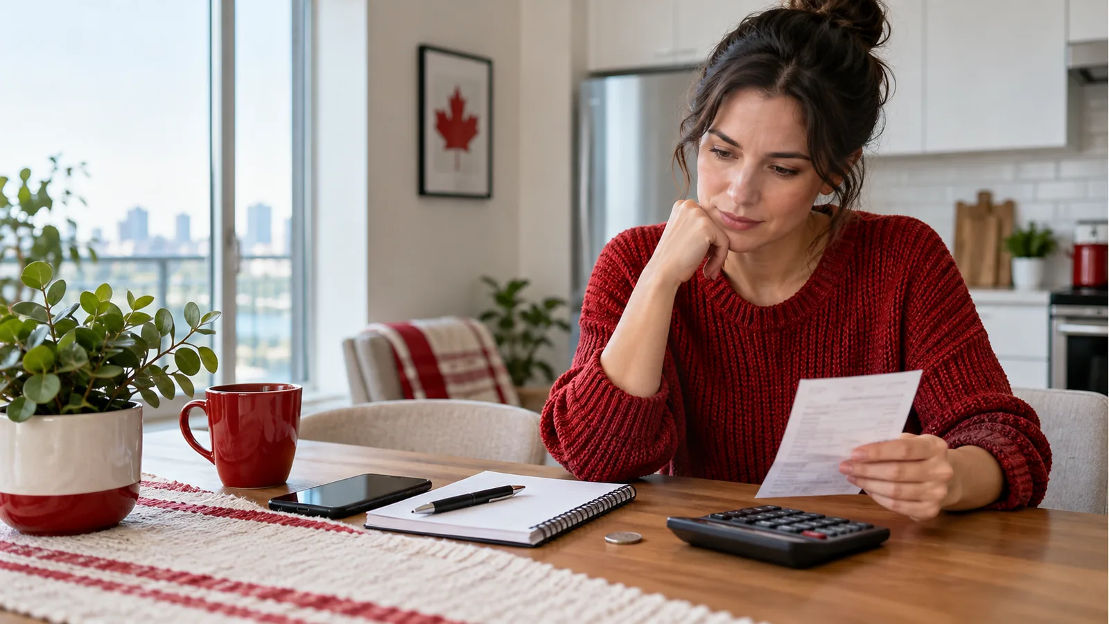 Canadian borrower reviewing a small unexpected bill with a calculator and notebook