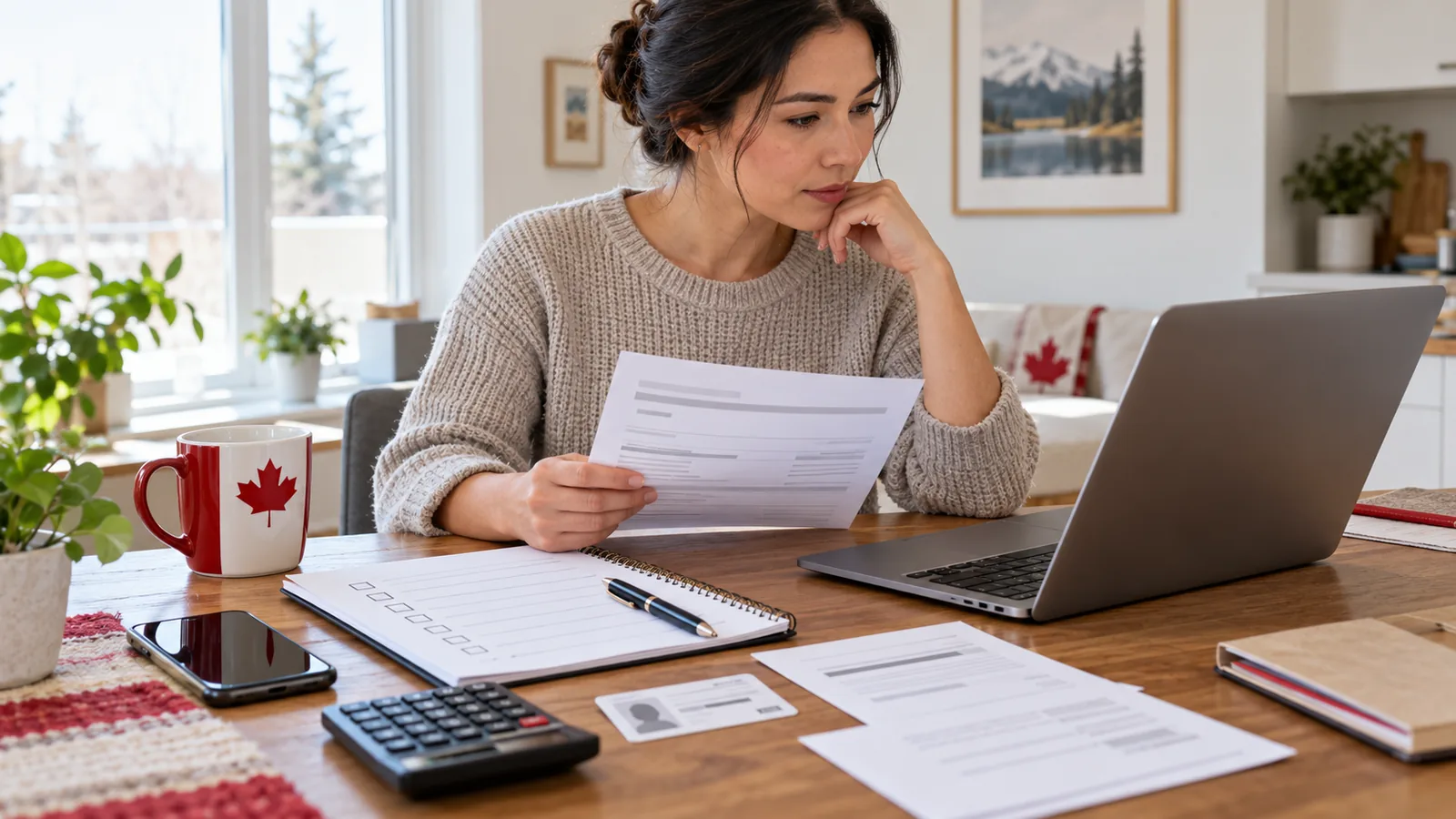Canadian applicant organizing identification, income details and a checklist before applying for a loan online