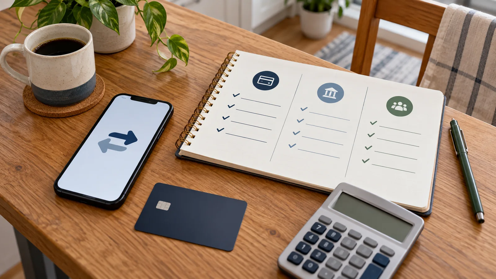 Smartphone, blank credit card, calculator and notebook comparing three cash advance options