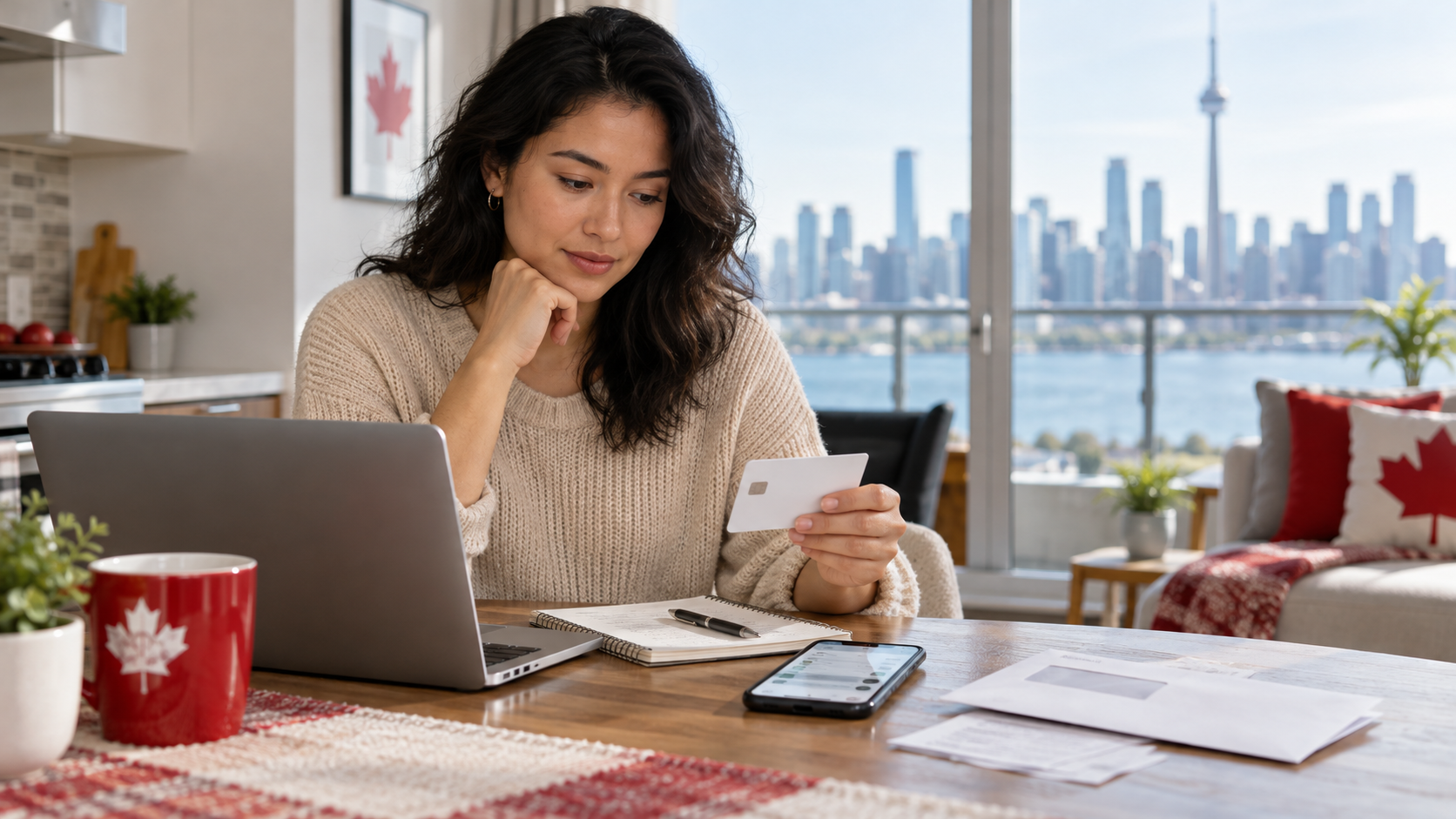 Canadian borrower reviewing a bank card, phone and loan information at home