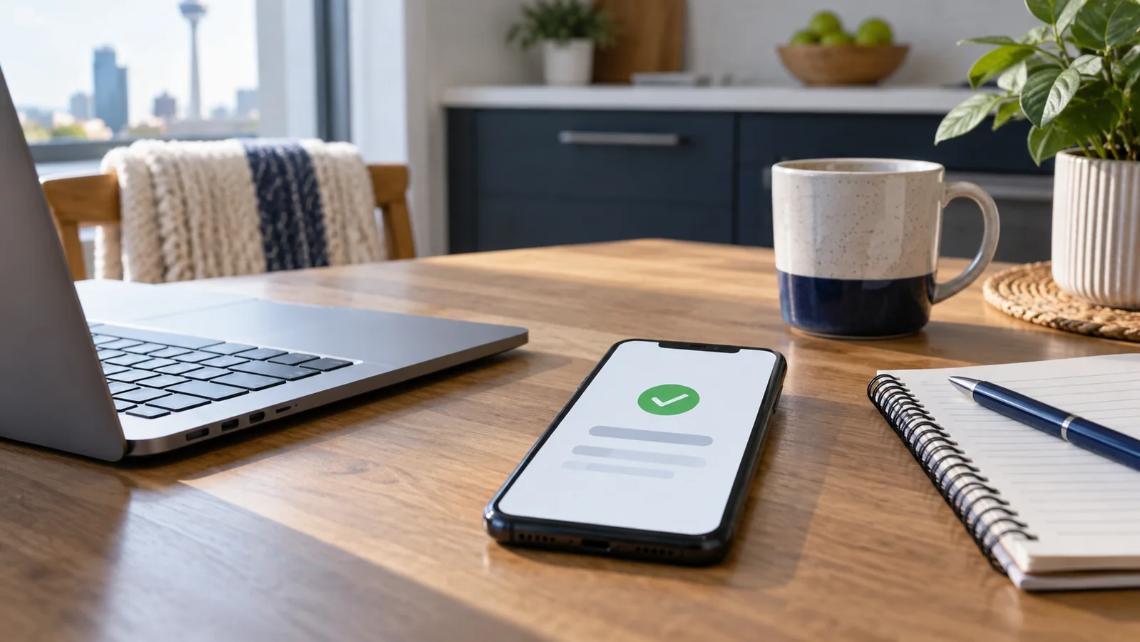 Smartphone showing a generic incoming transfer confirmation beside a laptop and budgeting notebook