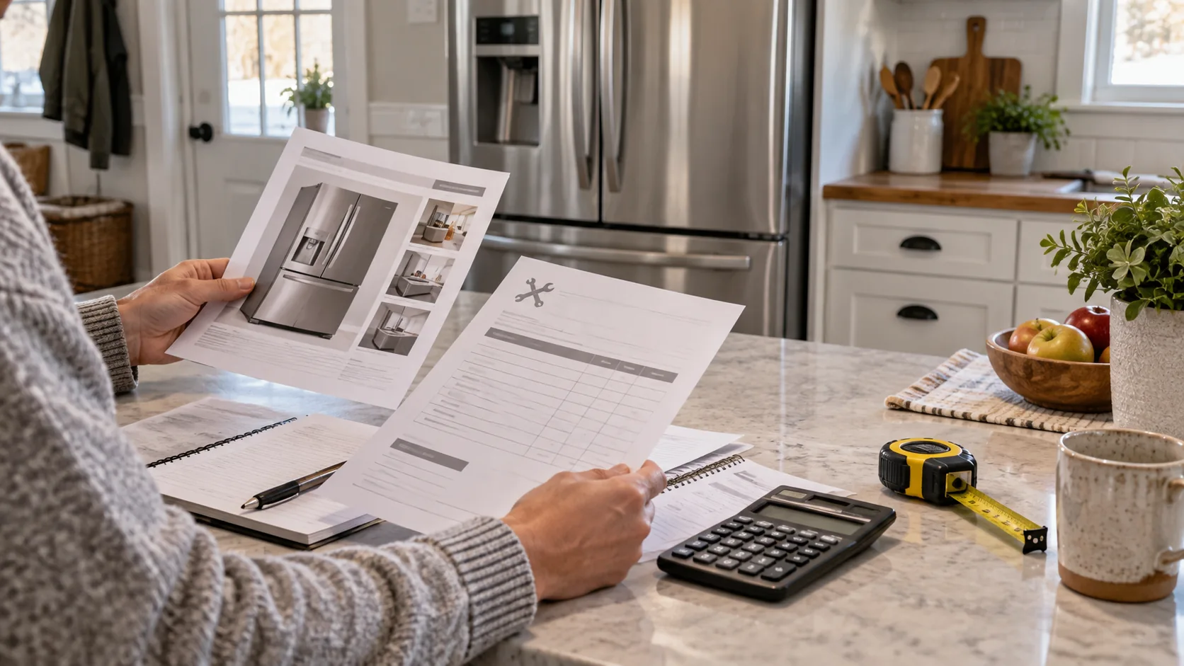 Comparing a refrigerator replacement quote with a repair estimate at home