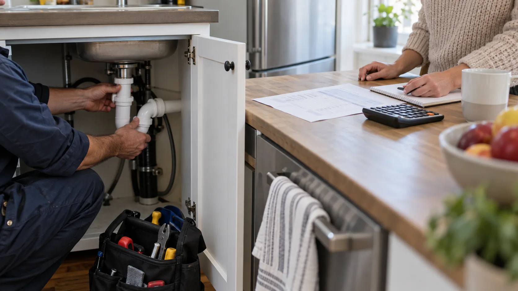 Plumber inspecting a kitchen sink pipe while a homeowner reviews an estimate and calculator