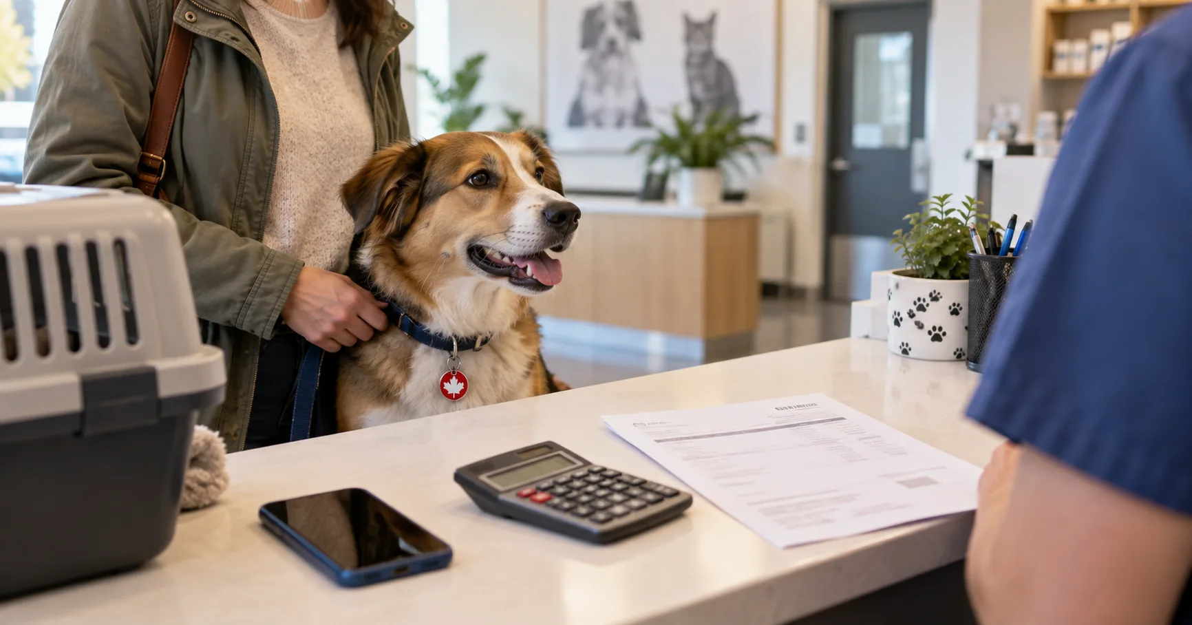 Dog owner reviewing a veterinary invoice and calculator at a Canadian clinic