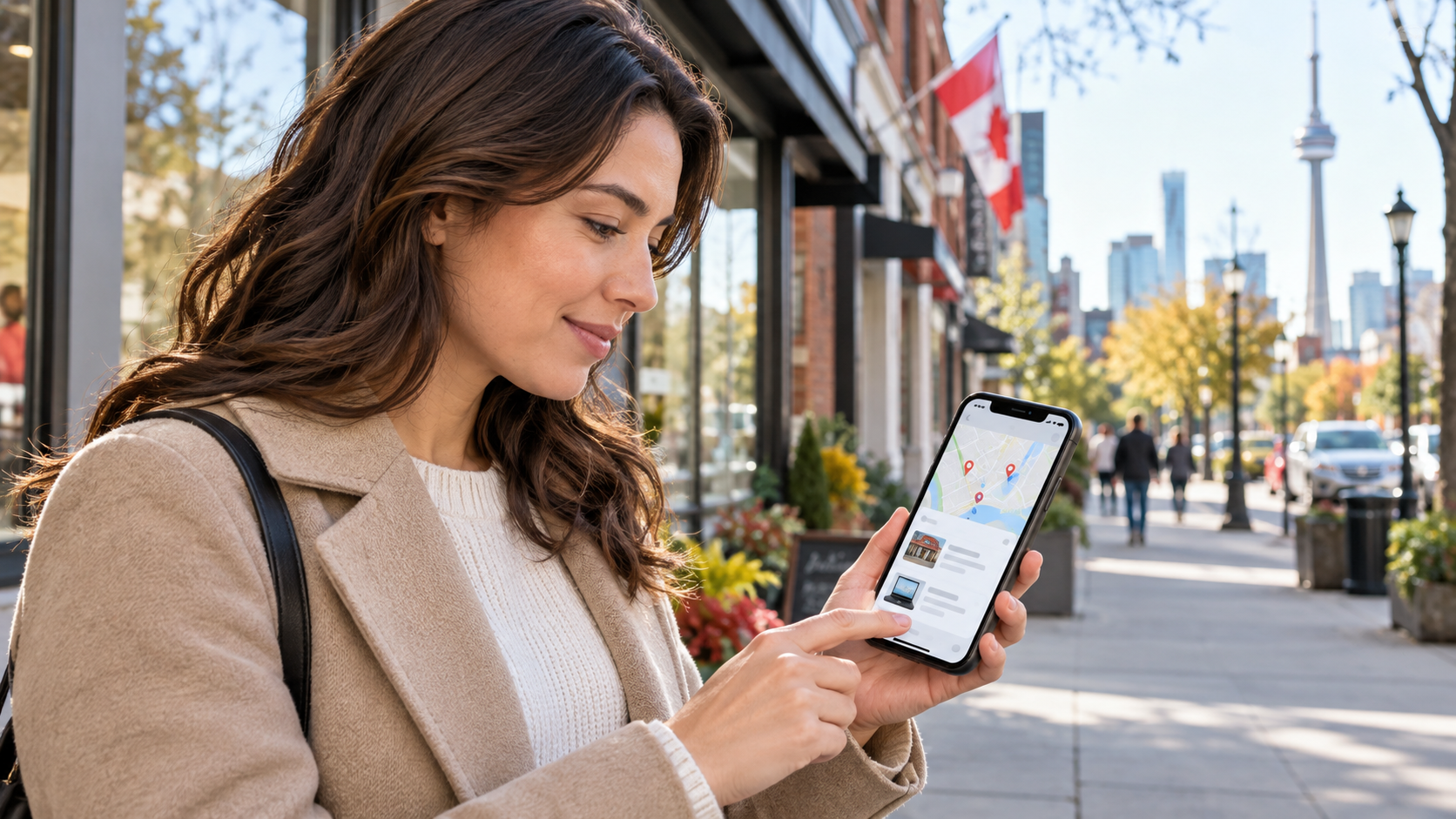 Canadian borrower comparing nearby and online loan options on a smartphone