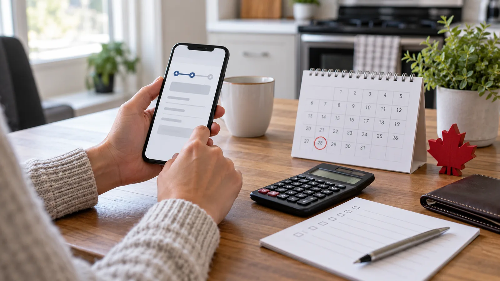 Person reviewing an online loan application beside a payday calendar, calculator and repayment checklist