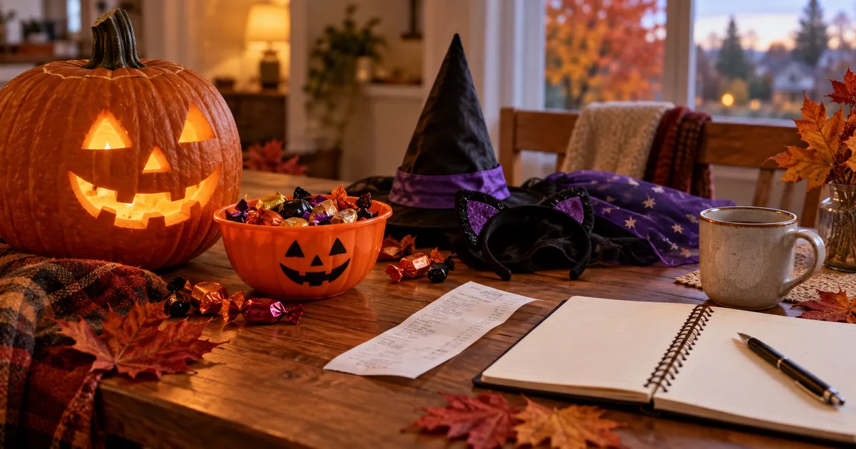 Halloween supplies, treats, a receipt and a budgeting notebook on a table