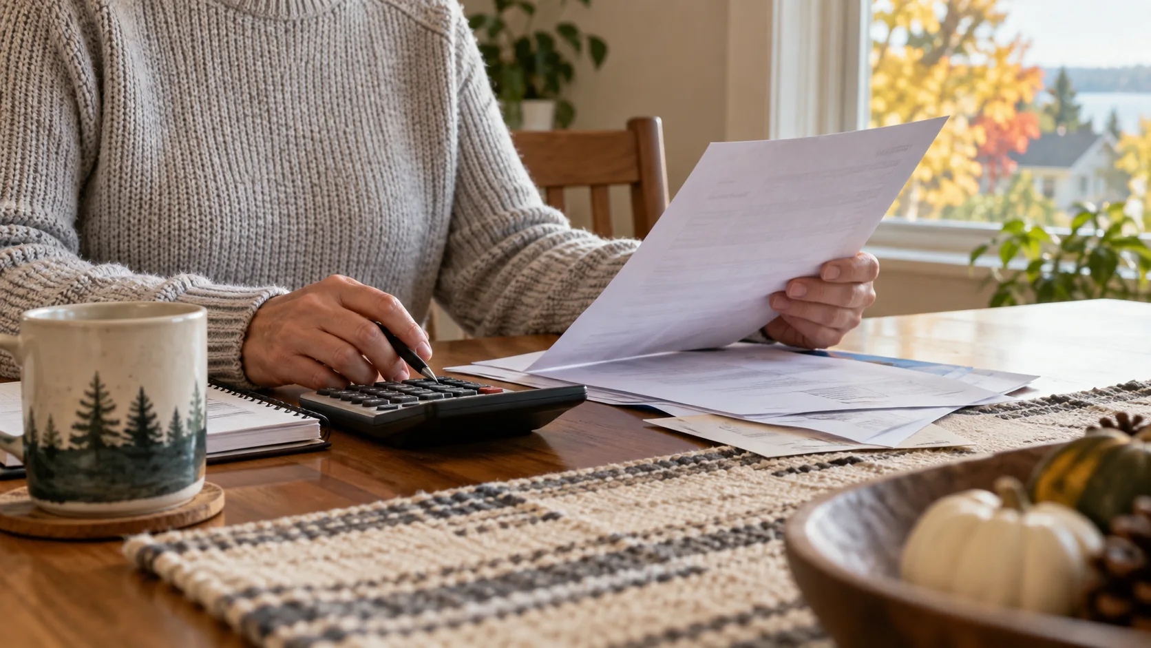 Reviewing a utility statement and calculator at a kitchen table