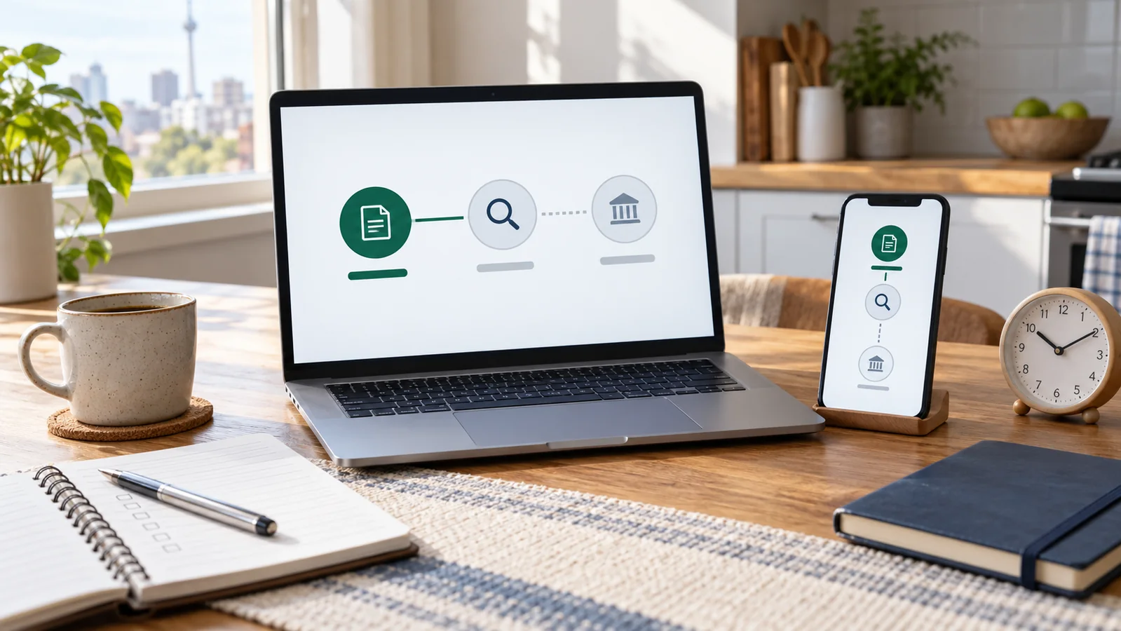Laptop and smartphone showing an abstract three-step online loan review process beside a clock and notebook