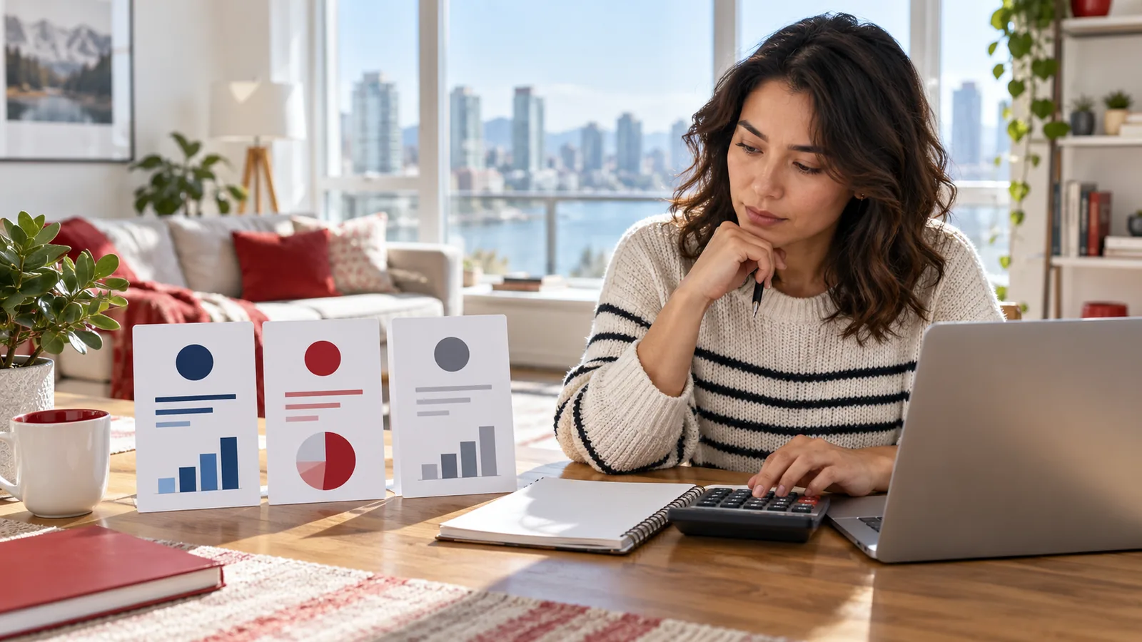 Canadian borrower comparing three loan options with a calculator and notebook