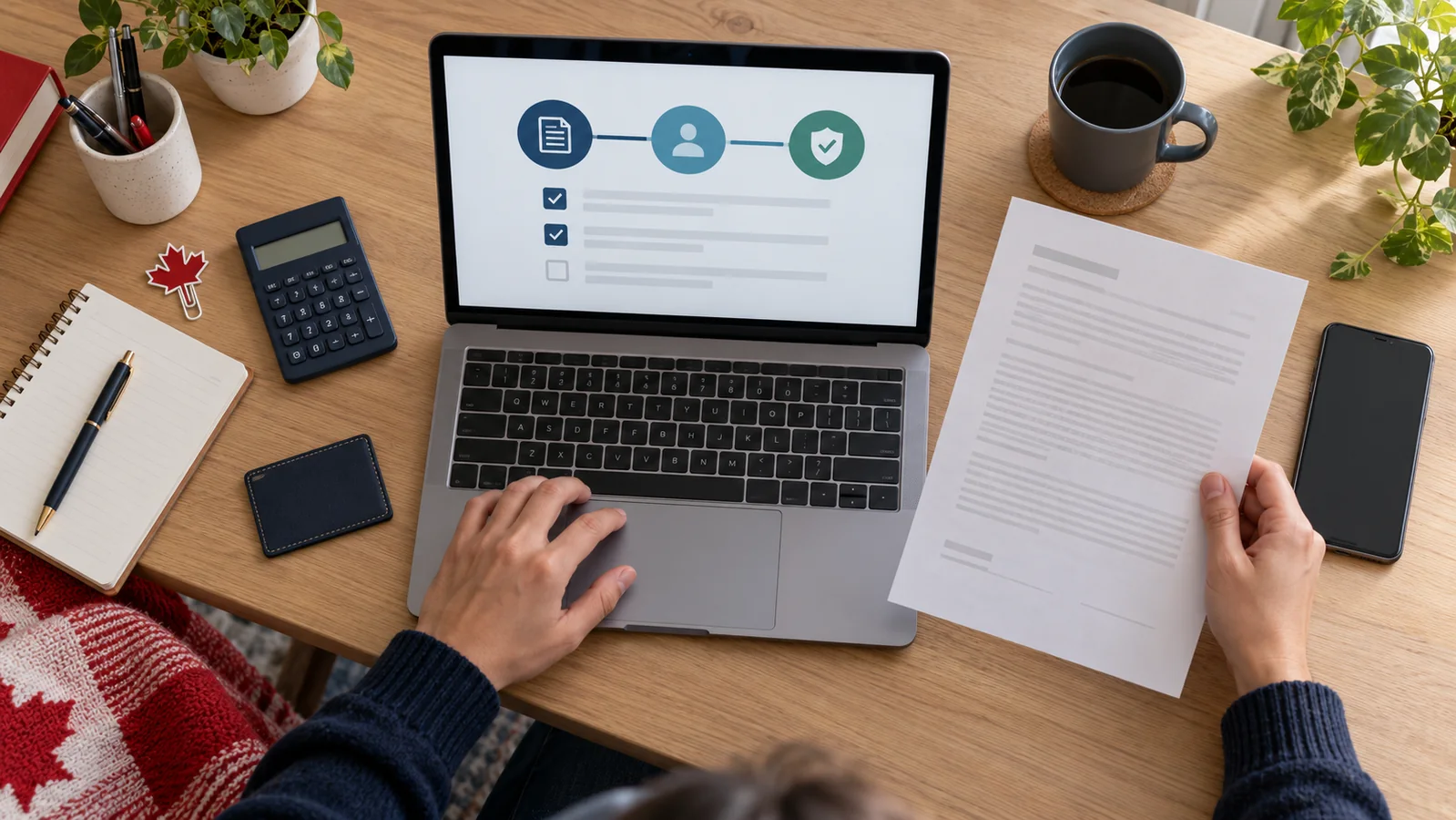 Person reviewing an online loan verification checklist and agreement at a Canadian home desk