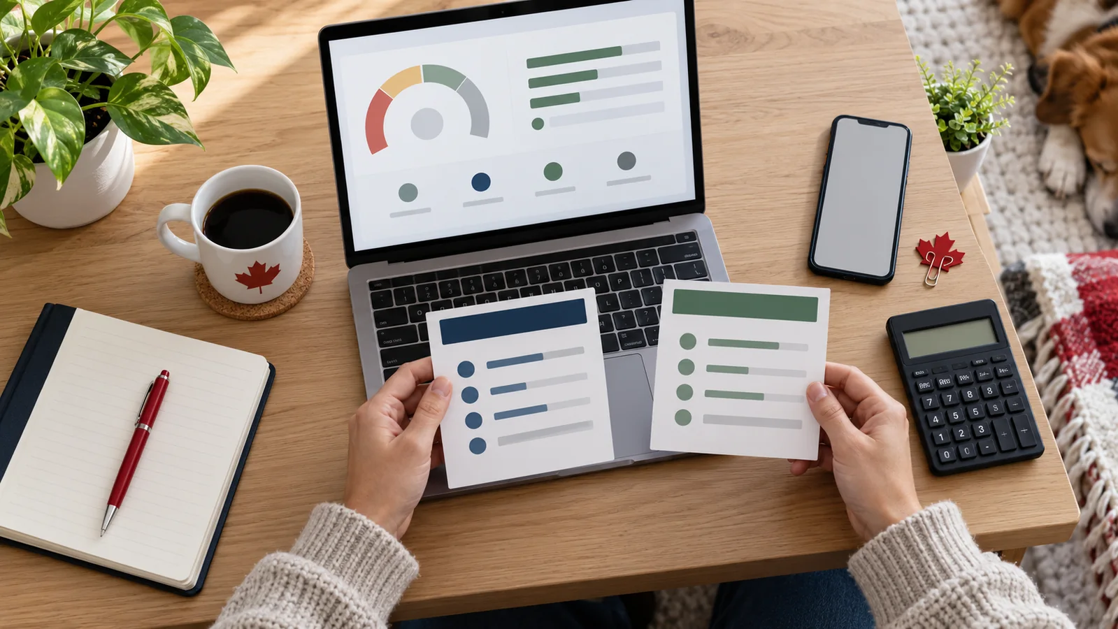 Person comparing two online loan options beside an abstract credit profile, calculator and notebook