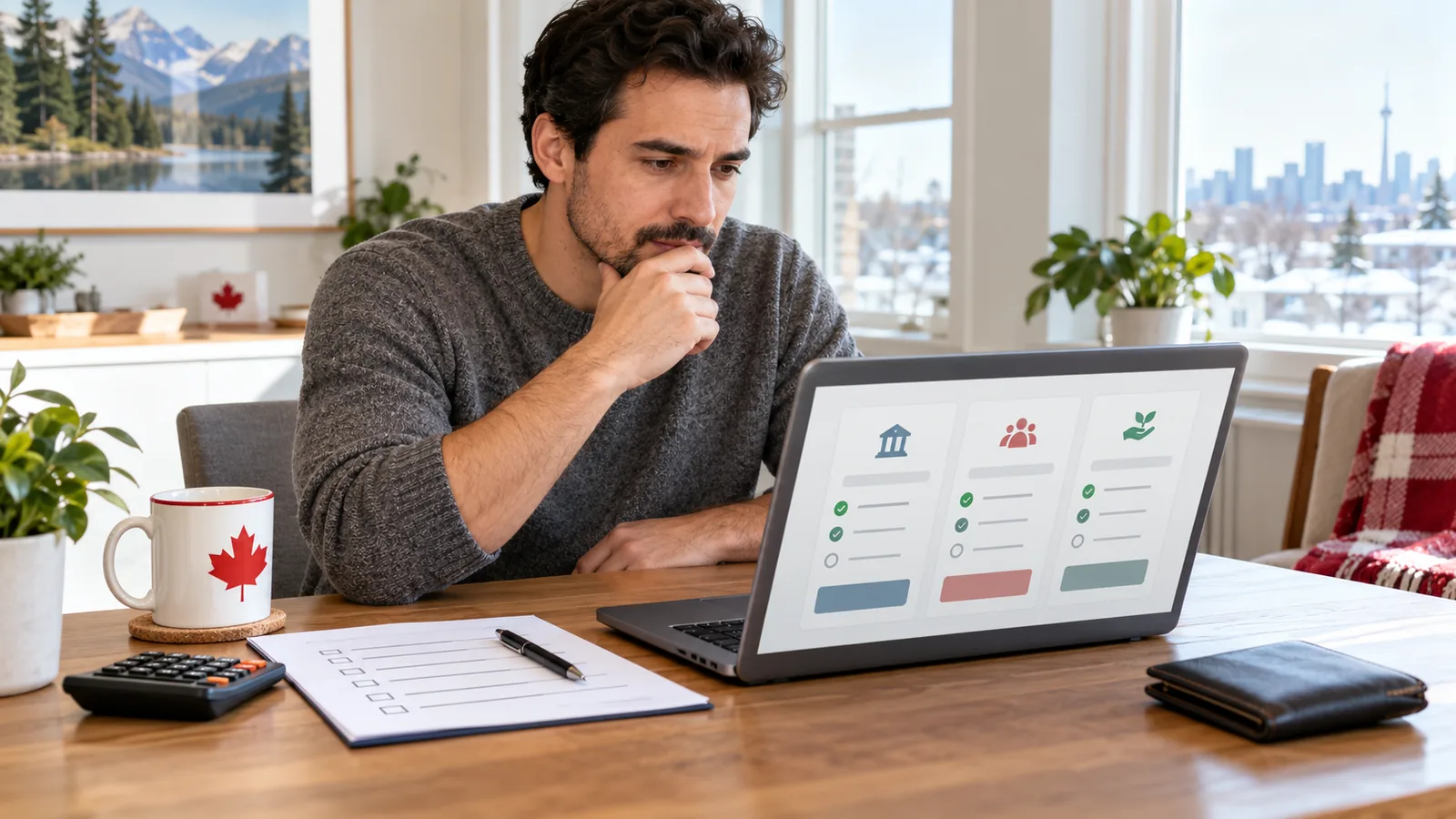 Canadian borrower comparing several online lender options on a laptop using a checklist and calculator