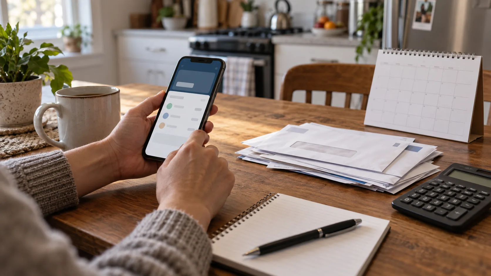 Checking a bank app beside household bills, a calendar and calculator
