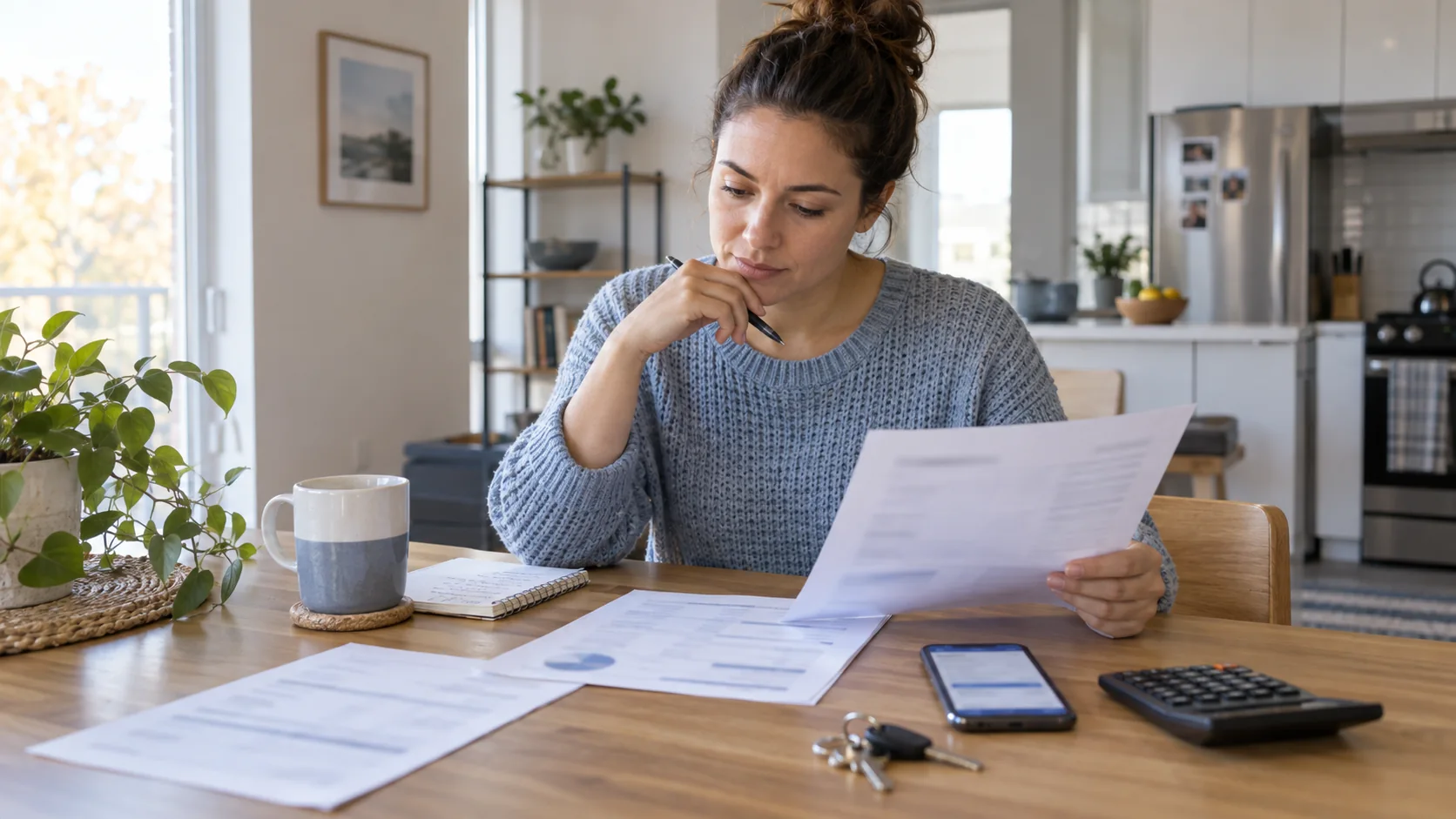 Renter reviewing a rent statement, household budget and banking app at a kitchen table