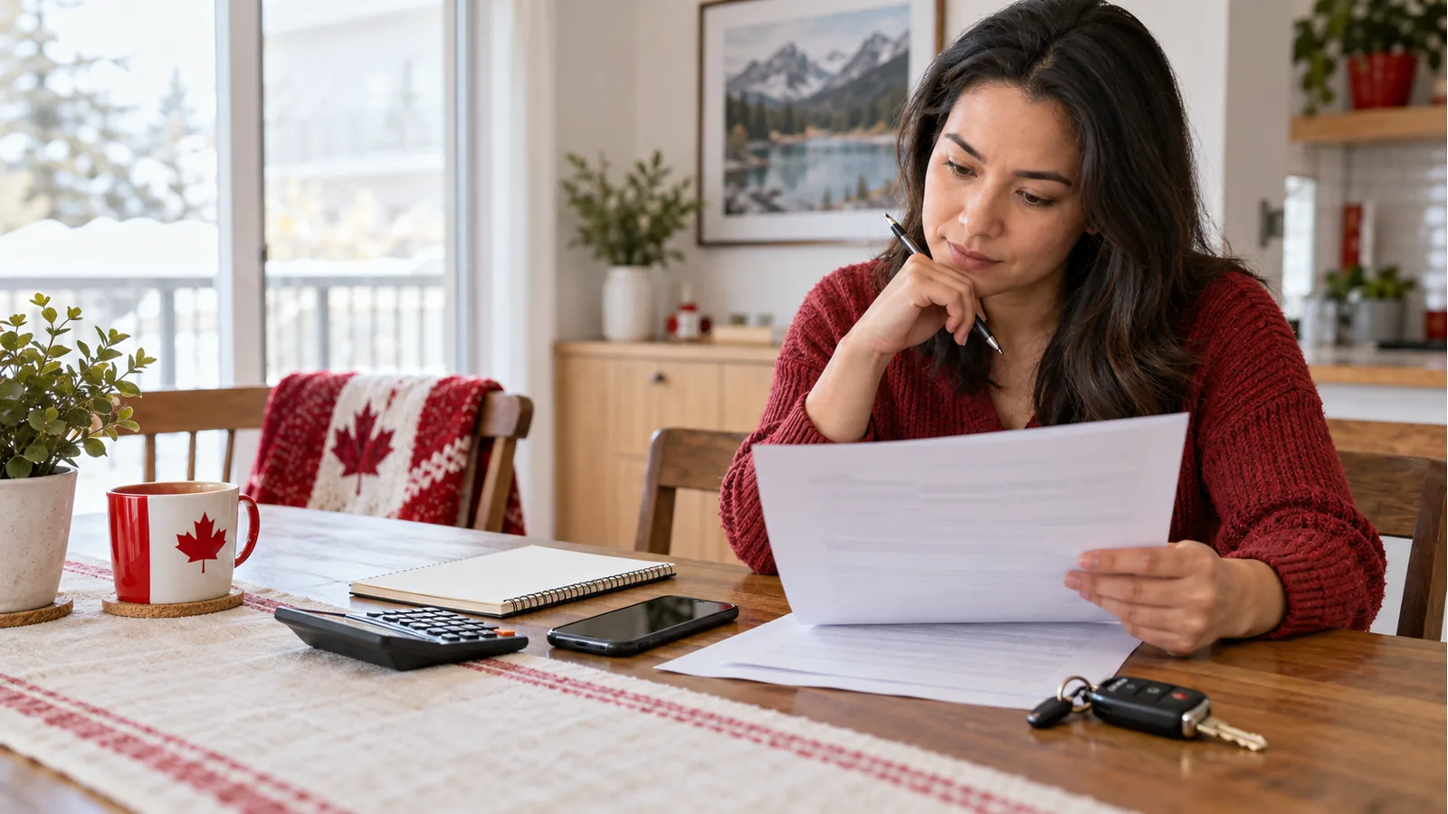 Canadian borrower reviewing a secured loan agreement beside a calculator and car keys