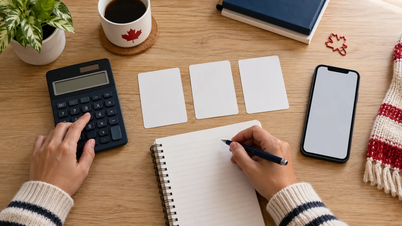 Calculator, notebook, smartphone and three blank cards used to compare small loan options in Canada
