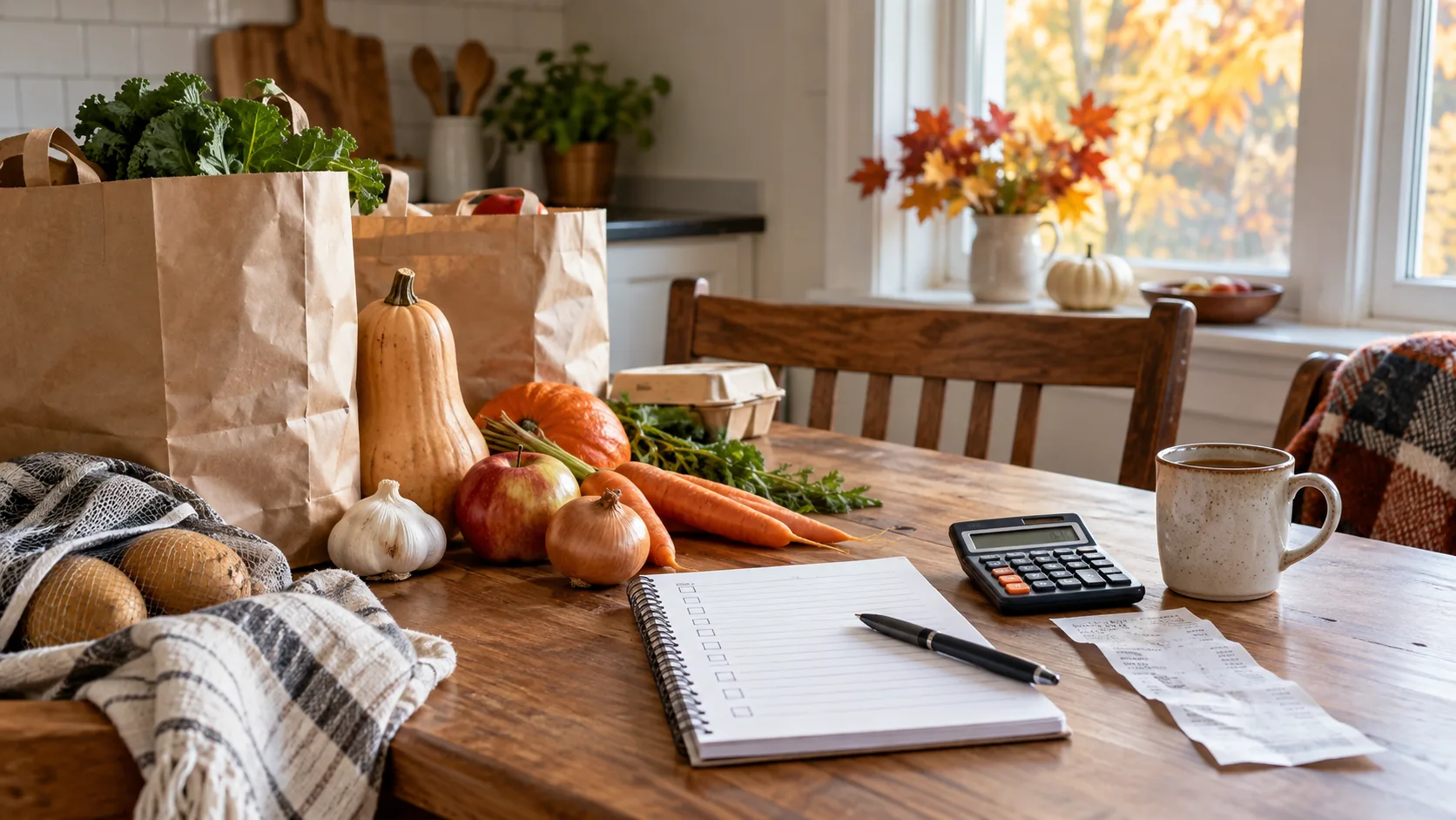 Thanksgiving groceries, a shopping checklist and calculator on a Canadian kitchen table