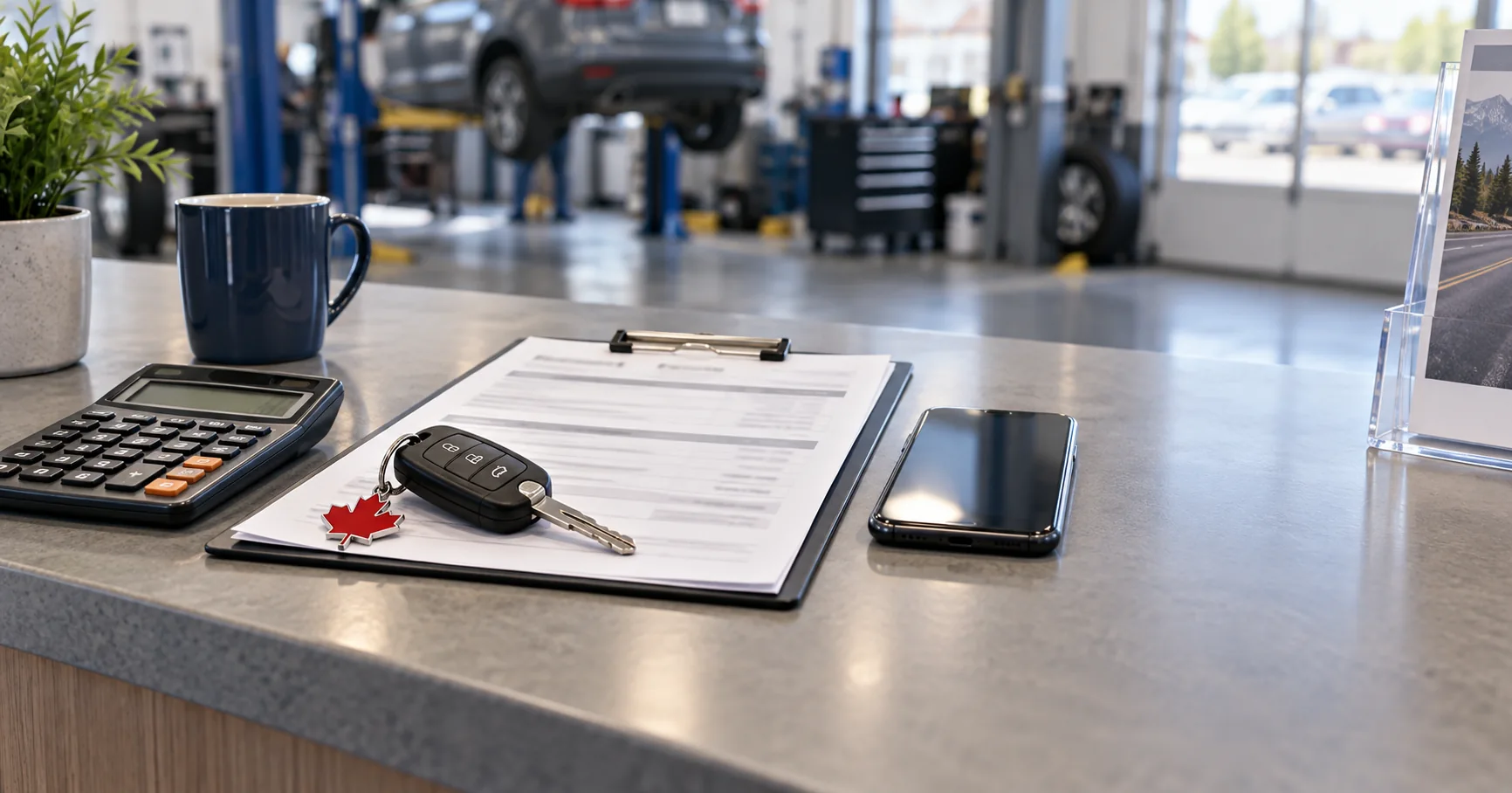 Car keys, a repair estimate, calculator and phone at a Canadian auto repair shop