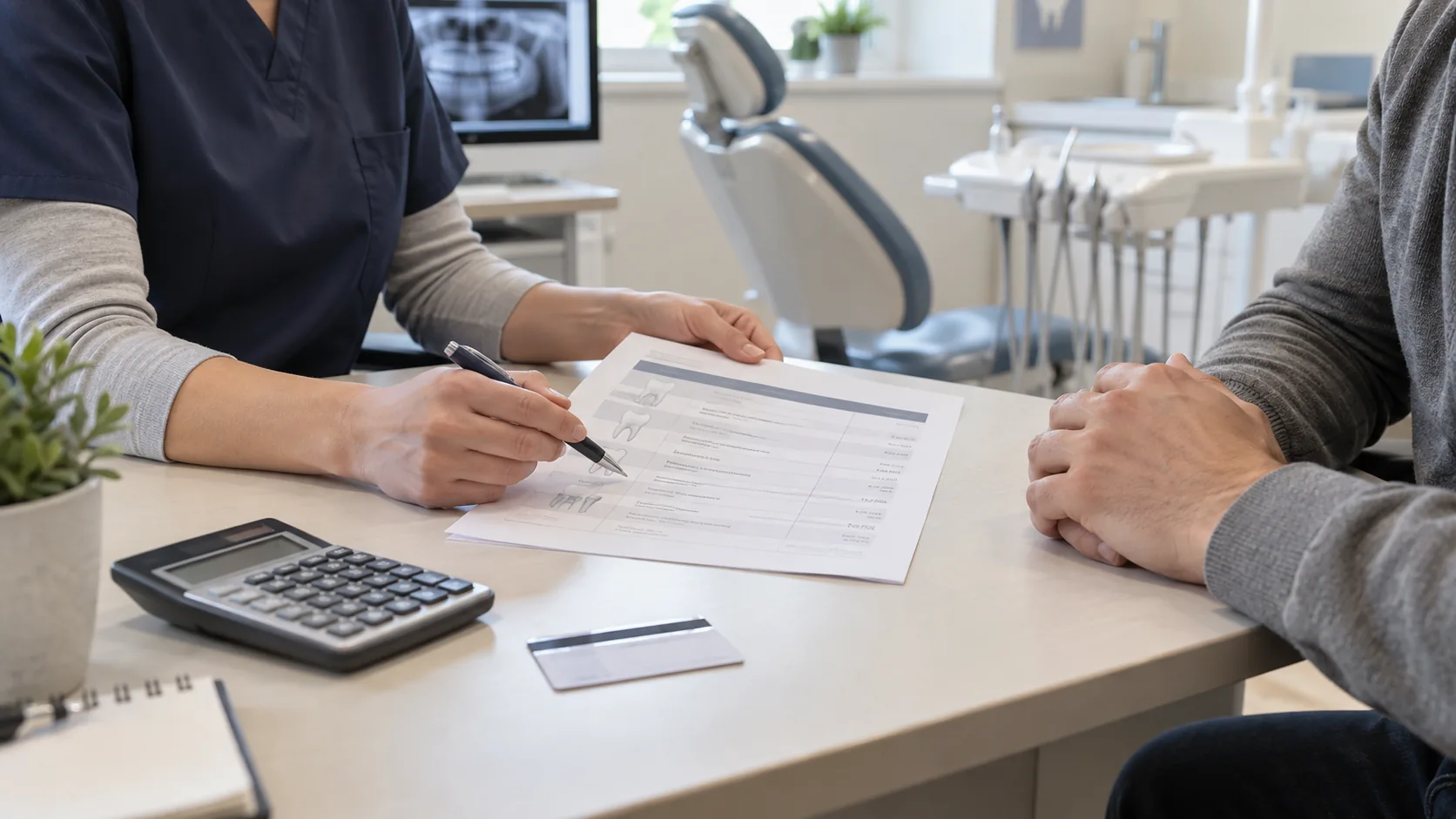 Dental professional reviewing a treatment estimate with a patient beside a calculator