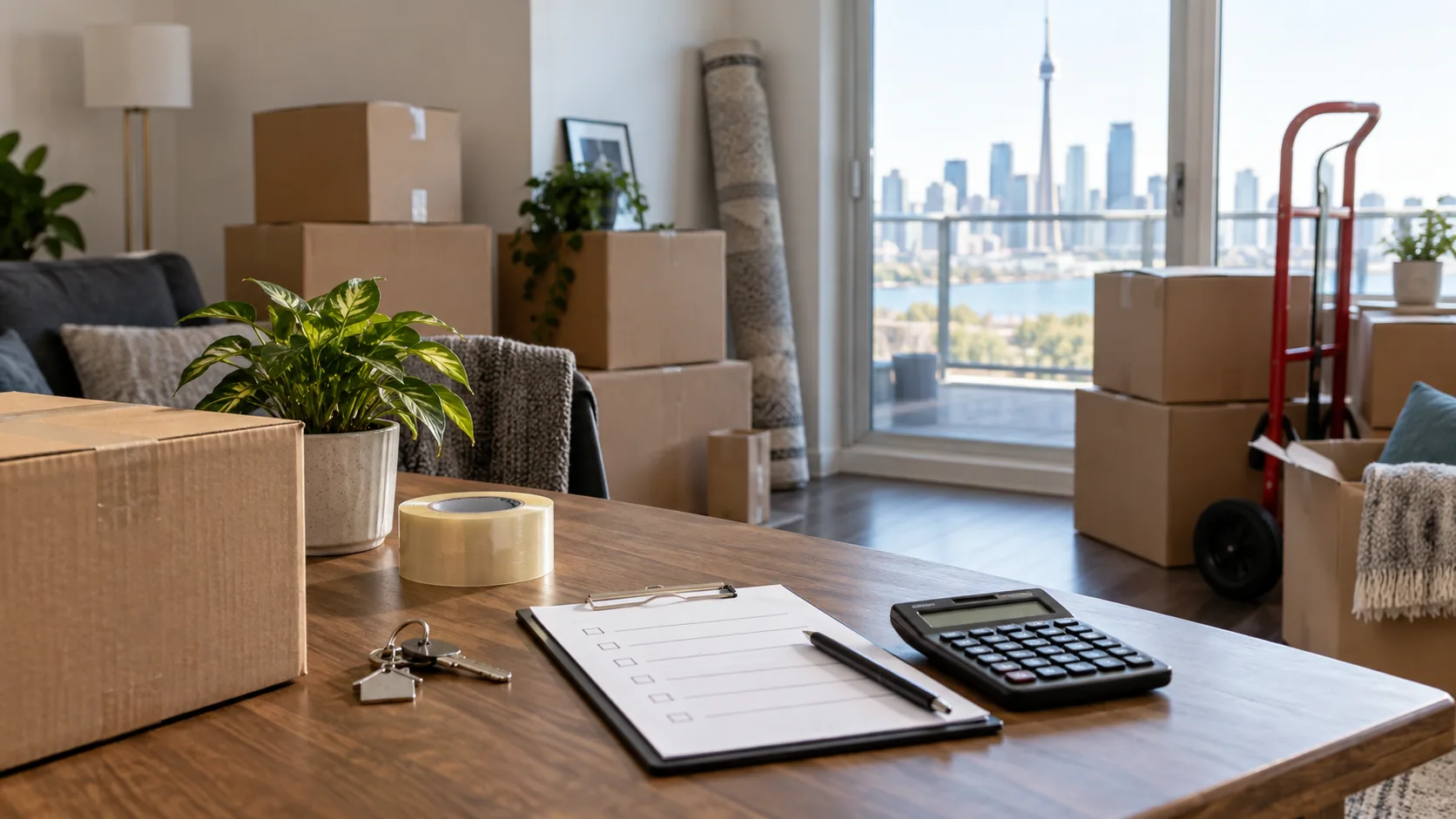 Packed moving boxes, keys, checklist and calculator in a Canadian apartment
