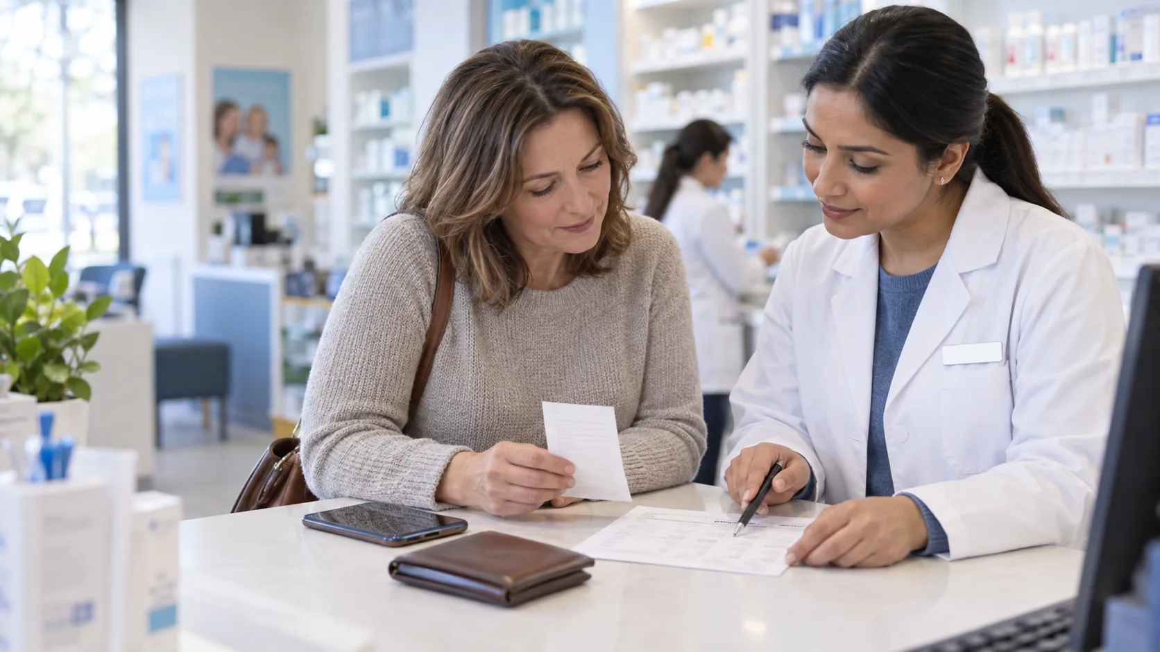 Pharmacist reviewing a prescription receipt and cost sheet with a customer