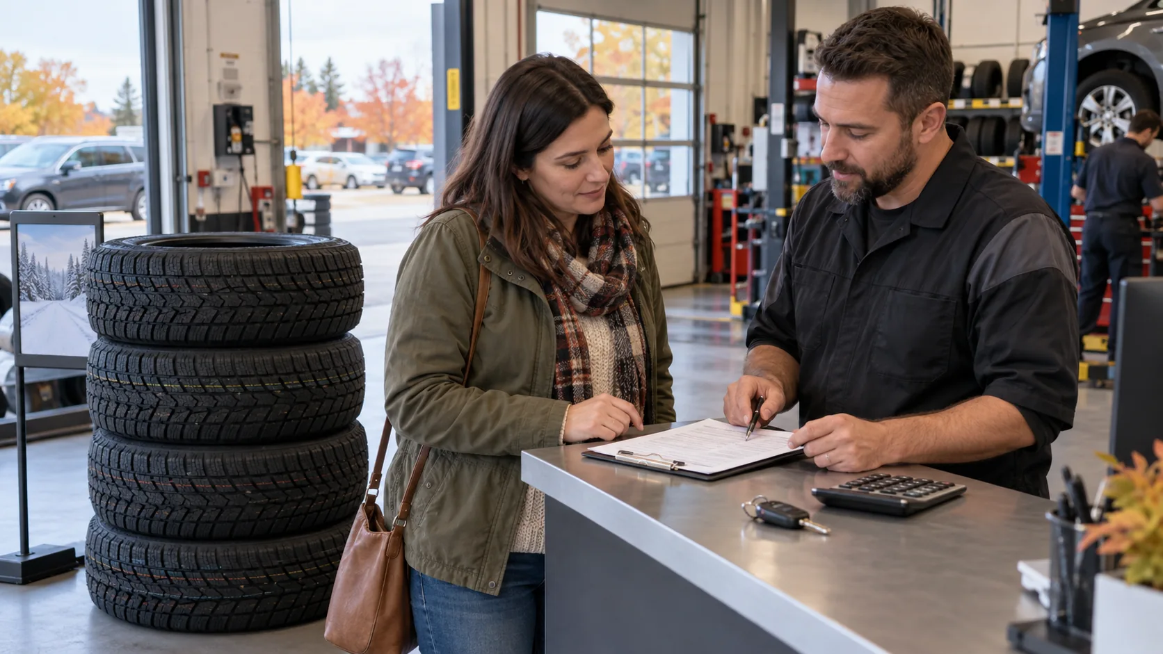 Driver reviewing a winter tire quote with a service advisor beside four new tires