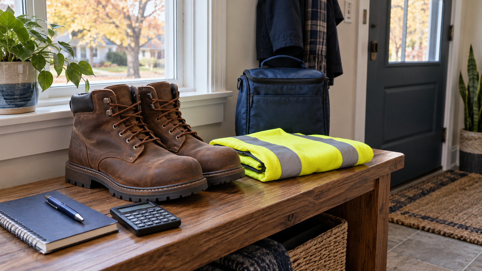 Work boots, a folded high-visibility vest and lunch bag beside a notebook and calculator